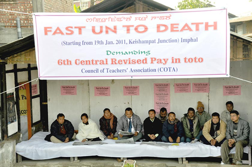Council of Teachers' Association (COTA) launching Fast unto Death demanding 6th Pay in toto at Keishampat junction on Wednusday.