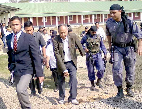 Manipur chief minister O Ibobi Singh inspecting the National Institute of Technology (NIT) at Takyel in Imphal on Friday. The chief minister was surveying the constructions of boys' and girls' hostels at the institute campus.
