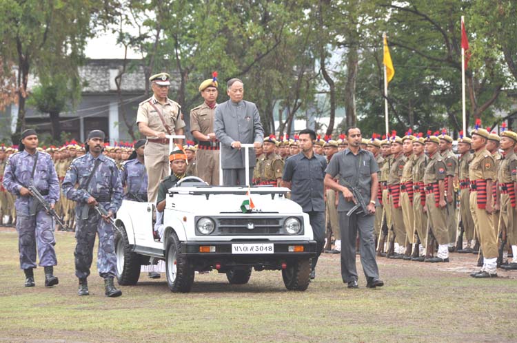 Chief Minister O. Ibobi Singh inspecting the 46 batch of the Manipur police during the passing out ceremony held at Pangei in the presence of Chief Minister O. Ibobi Singh and official of the Home department.