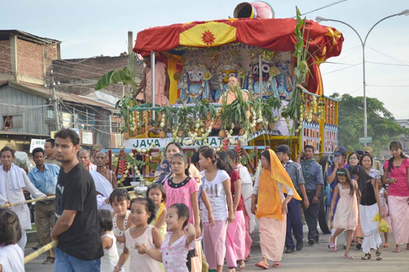 A Rath-yatra / Kanglen procession of the ISKCON at a Imphal road on Sunday (July 10, 2011) evening.