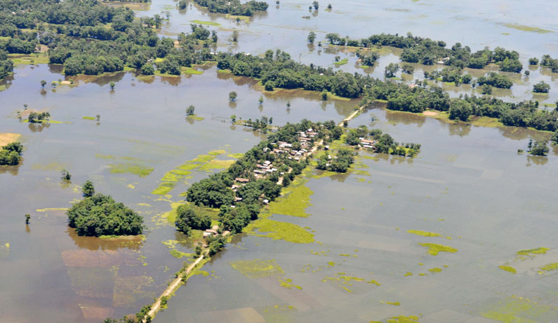 An aerial view`of flood-affected areas of Assam on July 02, 2012.