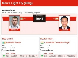 Barnes Paddy vs Laishram Devendro Singh Olympics Mens Light Fly Quaterfinals Schedules