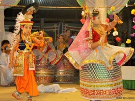 Boys and girls performing Ras Leela (Famous Manipuri Classical Dance form)at the ISKCON temple Manipur, as part of the Janmastami festival on Friday