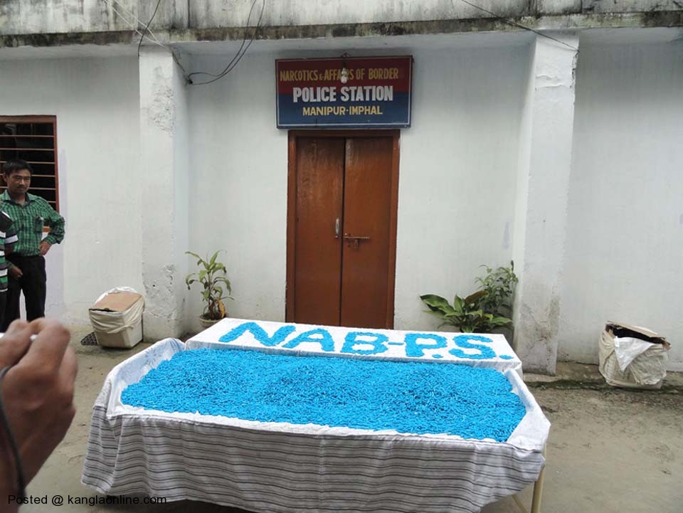 The seized SP (Spasmo Proxyvon) capsules displayed before media persons on Friday. Photo: Imphal Free Press