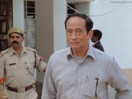 Jailed chairman of the UNLF, RK Meghen coming out of an NIA court at Guwahati on Thursday.