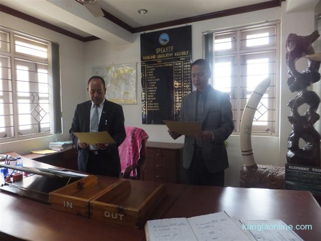 Nagaland Assembly Speaker Chotisuh Sazo (left) seen administering to newly elected Member of NLA Toyang Changkong Chang at Spea