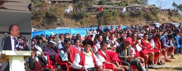 Nagaland Assembly Speaker Chotisuh Sazo addressing on the occasion of the 34th Cultural Day that coincides with the Sukrunye (premier festival of the Chekhesangs) organized by the Model Village Yorubami Youth Association (MVYYA) at the Yorubami Public Ground January 9, 2014. (NEPS Photo)