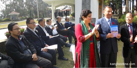 Governor of Nagaland Dr Ashwani Kumar releasing a book, “A Walk to Emmaus - A Journey of Attitudinal Change” written by Jonas Yanthan at Raj Bhavan, Kohima on January 3, 2014. Lady wife of the Governor and author, Jonas Yanthan (extreme right) were also seen in the picture. (Left) Leaders of lotha Hoho and sections of media attending the function. (Oken Jeet Sandham Photo)