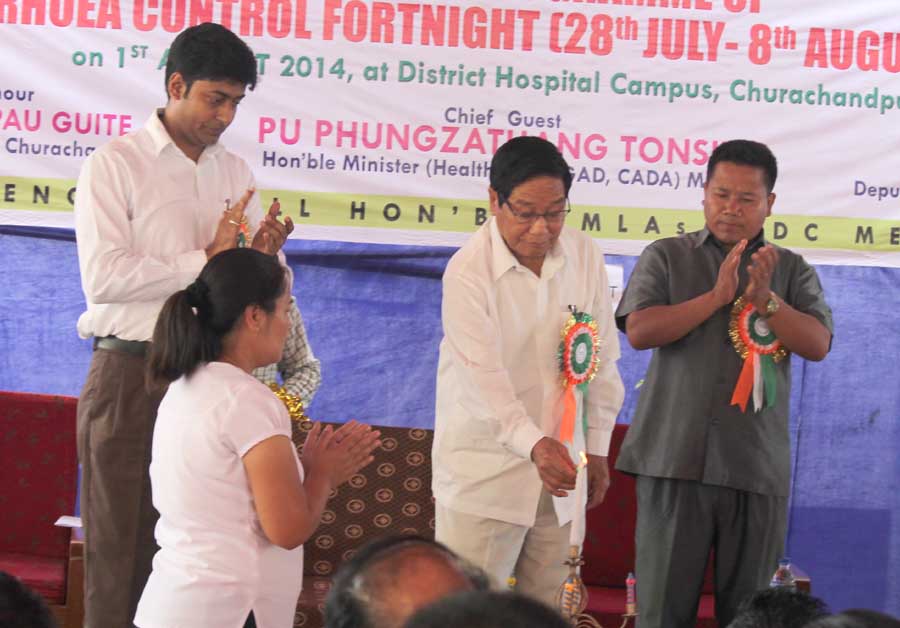 Health minister Phungzathang Tonsing lighting the inaugural lamp of the Intensified Diarrhoea Control Fortnight. Source: IFP