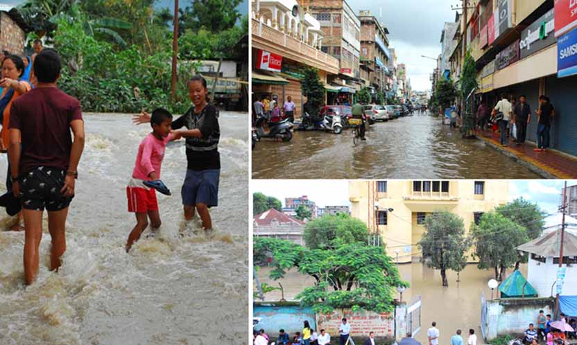 Two children play in a water-logged street after heavy downpour inundated several places in the State. Paona Bazar and the Uripok Cheirap Court remained inundated. (clockwise from left) Photo: IFP