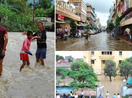 Two children play in a water-logged street after heavy downpour inundated several places in the State. Paona Bazar and the Uripok Cheirap Court remained inundated. (clockwise from left). Photo courtesy: IFP