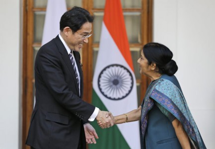 Japanese Foreign Minister Fumio Kishida shakes hand with External Affairs Minister Sushma Swaraj in New Delhi on January 17. (Photo: AP) Read more at: http://indiatoday.intoday.in/story/china-slams-japan-on-arunachal-pradesh-controversy-hong-lei-fumio-kishida-sushma-swaraj/1/414105.html