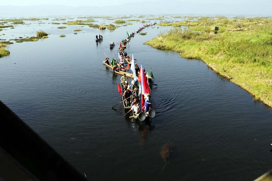 Boats lined up at Loktak lake during the World Wetland Day observation.