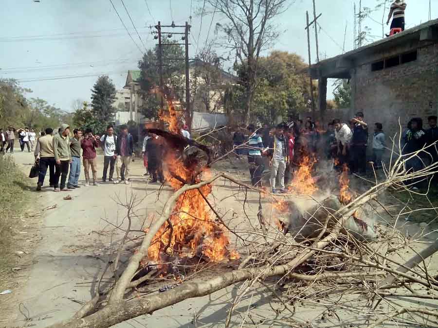 DM College students burnt the effigy of Education minister M Okendro Singh at college campus.