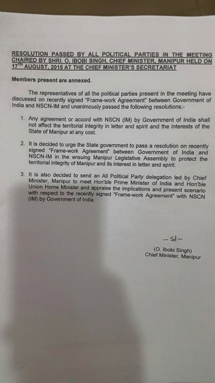 Manipur's All Political Parties resolutions regarding the accord signed between NSCN(IM) and Govt of India's