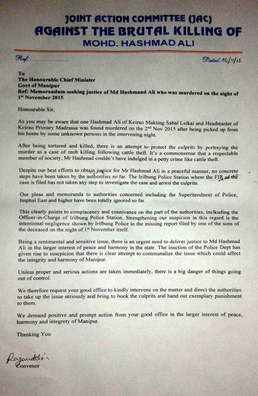 Memorandum to Govt of Manipur by JAC against killing of Hashmad Ali