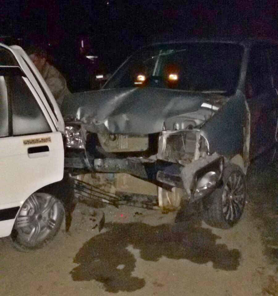 The mangled front of the Santro car which mowed down six persons.