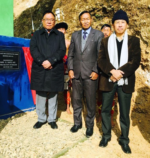 G Kaito Aye (left), former Minister and senior NPF MLA, Huskha Yepthomi (middle), Chairman AMPC and Temsu Longkumer (right), DC Zunheboto after inauguration of Zungti Village Gate at Zungti Village on December 19, 2015