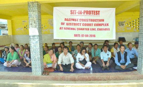 Registering strong protest against the plan of the State government and District Administration Chandel to construct a court complex for the district at Revenue Quarter Line, a sit-in-protest was staged by locals at DC Lamkhai today. IFP Photo