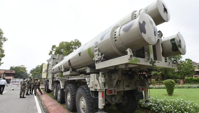 BrahMos missiles are seen at the Parliament House ahead of an exhibition in New Delhi. (Sonu Mehta/HT Photo) 