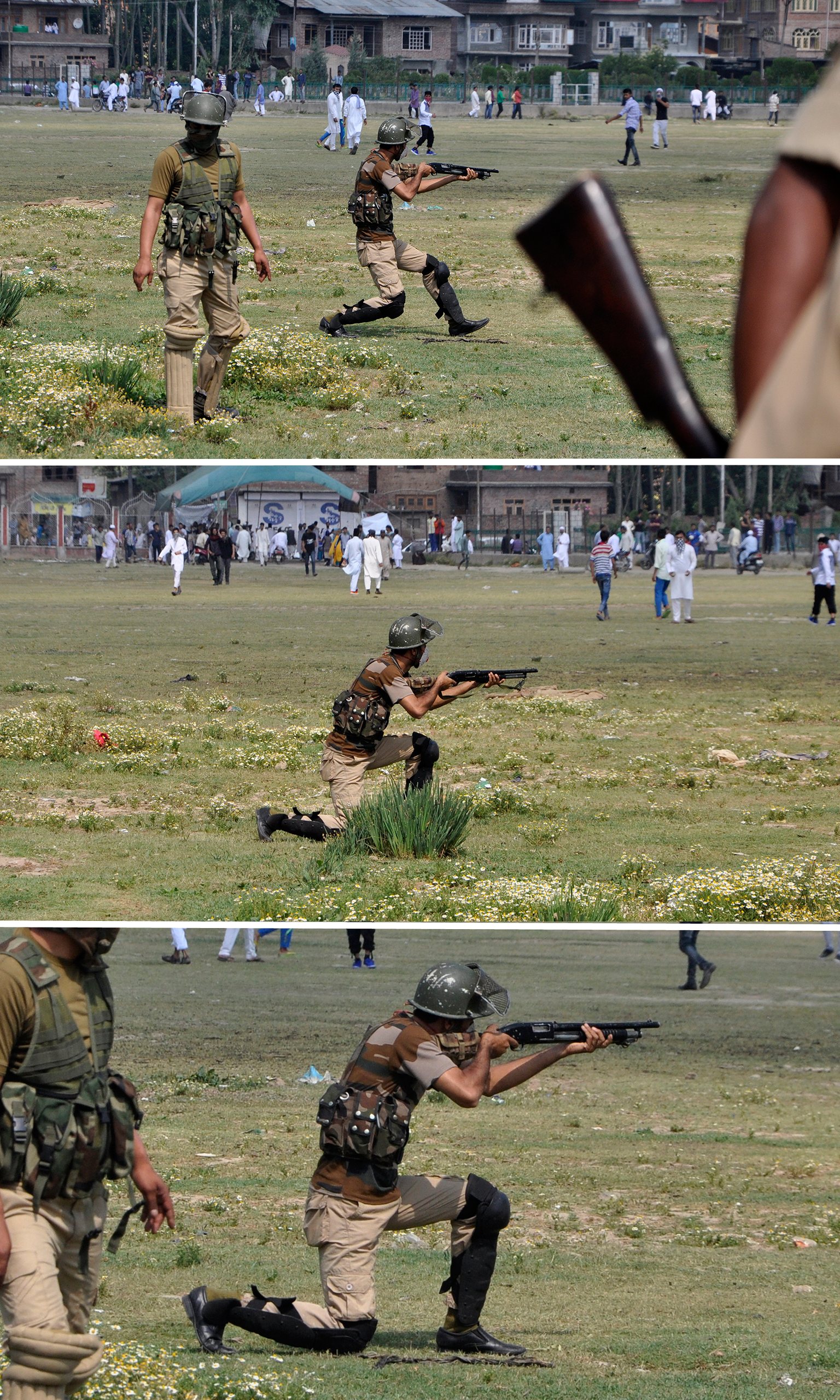  An Indian policeman aims a pellet gun towards Kashmiri protesters in Srinagar in July. Composite: Syed Shahriyar/Syed Shahriyar/NurPhoto via Getty Images 
