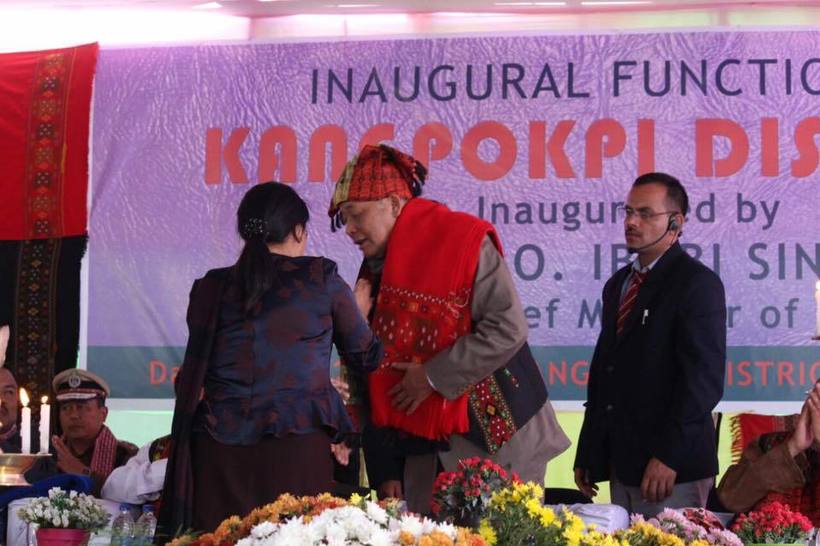  Manipur Chief Minister Okram Ibobi Singh being presented a Thadou-Kuki traditional shawl by the local MLA Nemcha Kipgen on the inauguration of Kangpokpi district on December 15, 2016 
