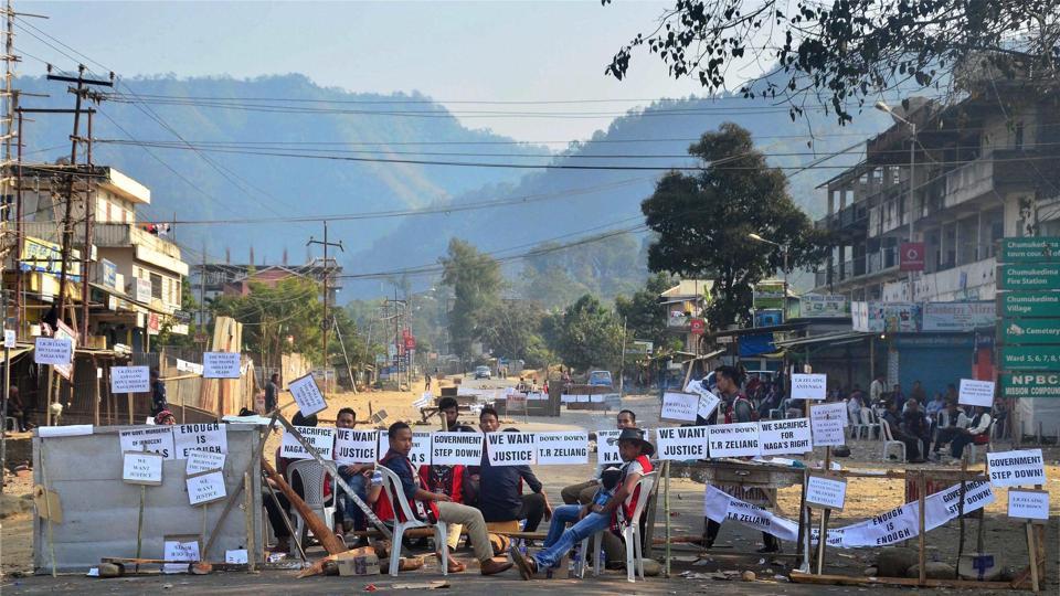 Protesters block the highway during a strike call given by joint coordination committee against 33% women’s reservation in Dimapur, Nagaland.(PTI File Photo)